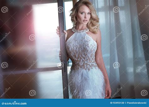 Blonde Beautiful Woman Wearing Fashionable Clothes Stock Photo Image