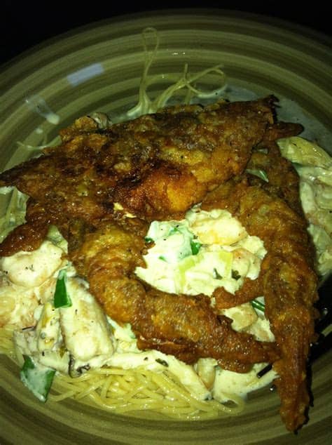 Serving size 1 1/2 cups pasta with crab. Fried soft shell crab over angel hair pasta topped with ...