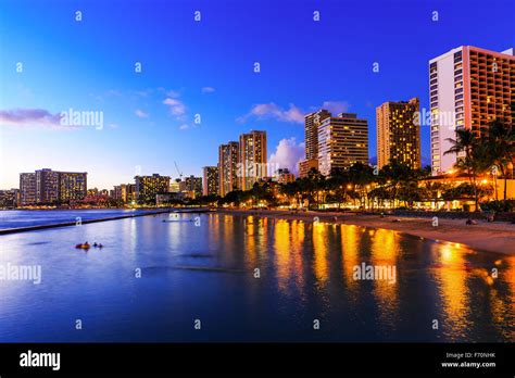 View Of Honolulu And Waikiki Beach At Night Hawaii Usa Stock Photo