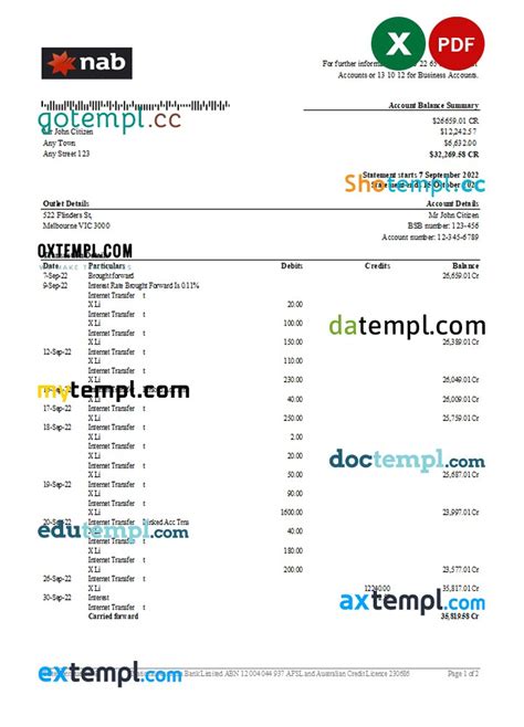 Australia Nab Bank Statement Excel And Pdf Template 2 Pages Datempl