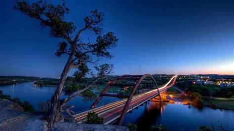 Hintergrundbilder Pennybacker Brücke Sonnenuntergang Fluss Austin