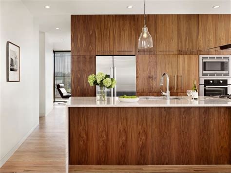 Stainless steel and paneled appliances and open shelving to store dishes and other kitchenware. Modern Walnut Kitchen Cabinets Design Ideas 46 - decoratoo