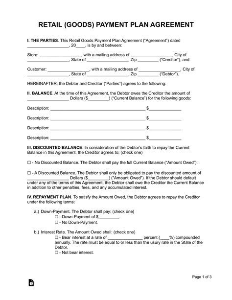 Free Retail Store Payment Plan Agreement Word Pdf Eforms