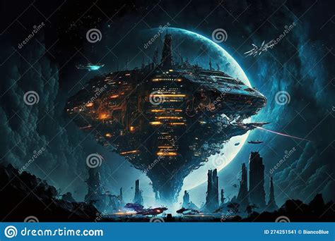 Sci Fi Fantasy Floating City In The Vastness Space Stock Illustration