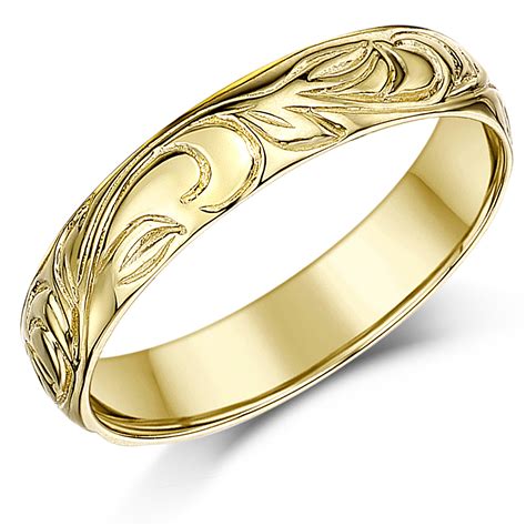 4mm 9ct Yellow Gold Swirl Patterned Wedding Ring Band Yellow Gold At