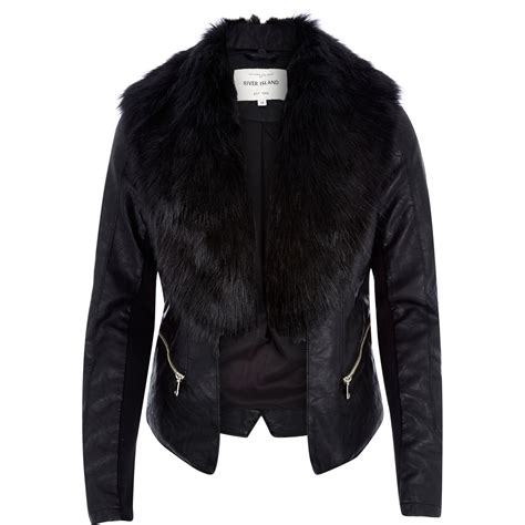 River Island Black Leather Look Faux Fur Jacket In Black Lyst