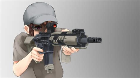 Safebooru 1girl Aiming Assault Rifle Brown Hair Foregrip Genso Goggles Gun Hat M4 Carbine Mark