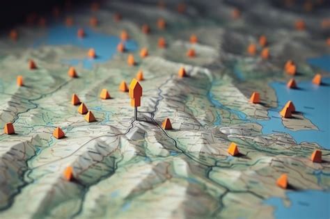 Premium Ai Image Pins On A Geographic Map Curved Like Mountains