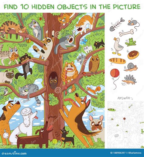 Cats Are Sitting On A Tree Find 10 Hidden Objects Stock Vector