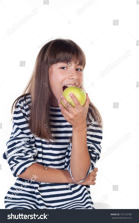 Happy Cute Girl Apple On White Stock Photo 147125789 Shutterstock