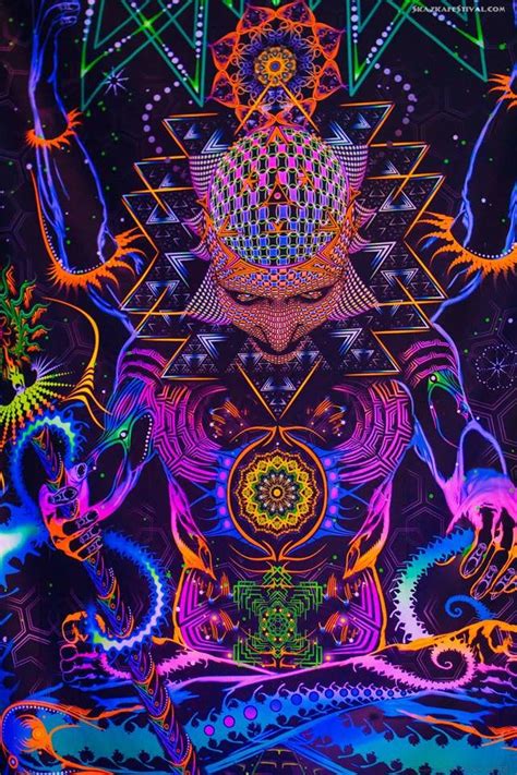 Psychedelic Meditation Tapestry Uv Trippy Fluorescent Print Etsy
