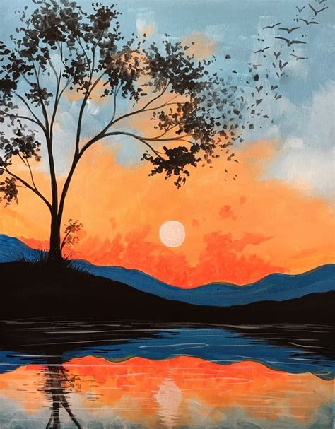 Crystal Lake Easy Landscape Paintings Sunset Painting Beautiful