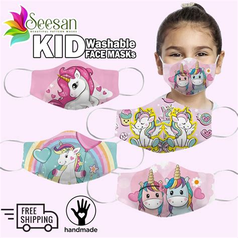 Kids Unicorn Kids Face Pink Cotton Cloth Mask Triple Layer Etsy