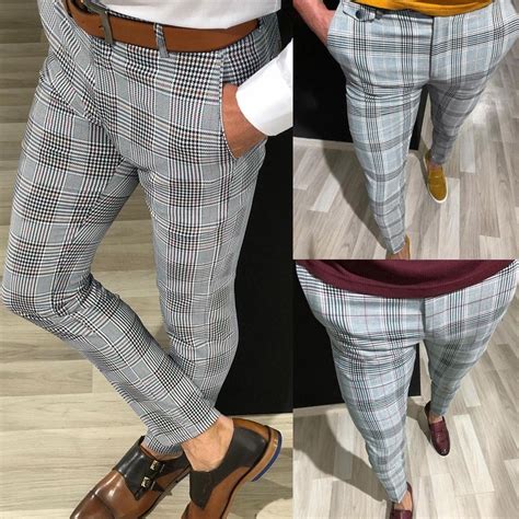 2020 Men Dress Pant Plaid Business Casual Slim Fit Ankle Length Homme