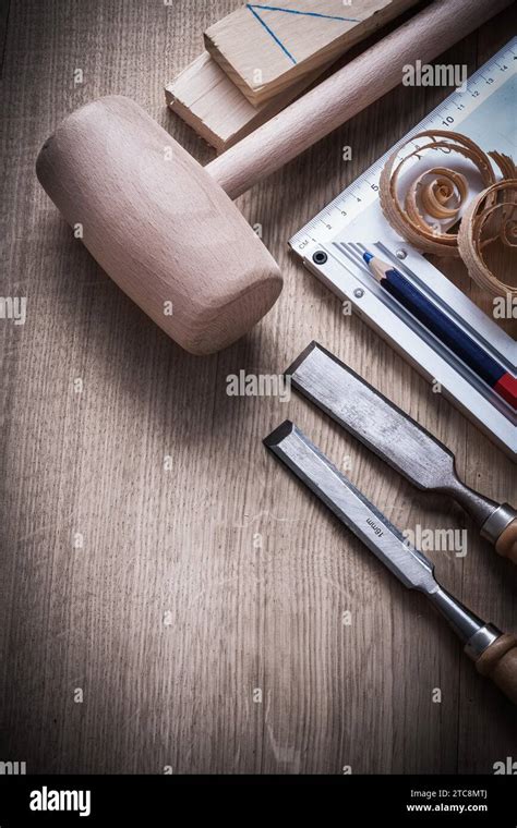 Wooden Bricks Hammer Curled Up Planning Chips Chisels Try Square Pencil