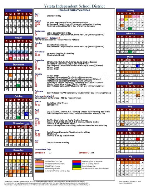 2018 2019 District Calendar Ysleta Independent School District El