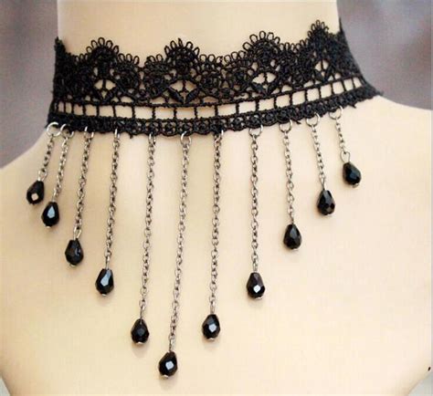 Fashion Lace Rope Chain Chokers Necklace Dangle Black Crystal Water