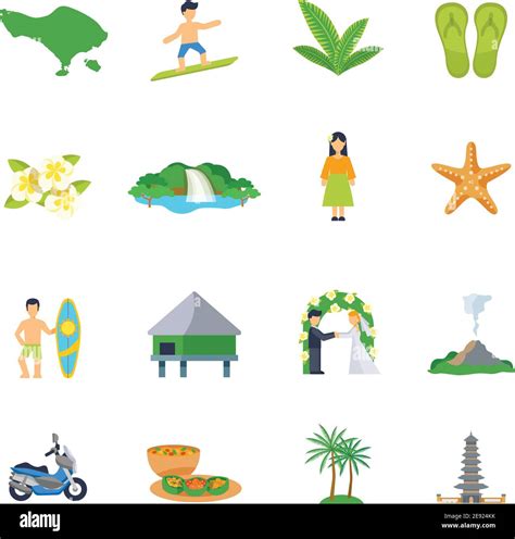Set Of Flat Icons About Bali With Different Types Of Entertainments And