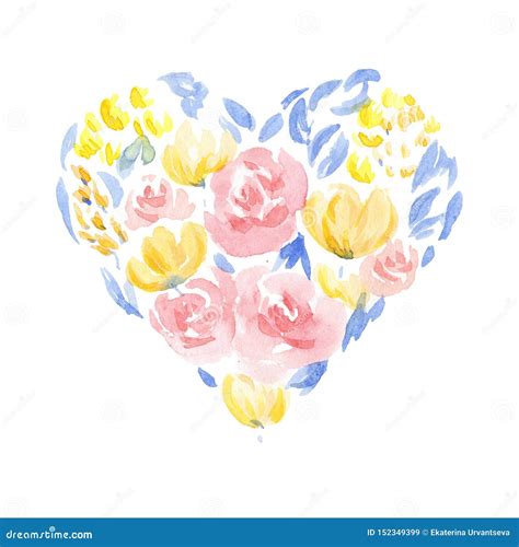 Watercolor Heart Shaped Flowers Design Element For Greeting Cards