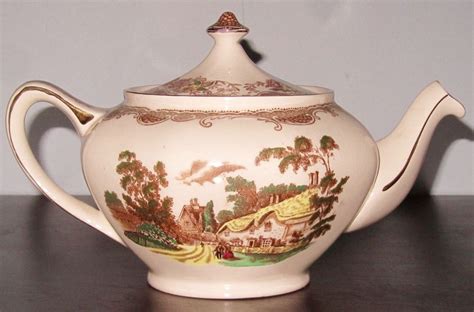 Brown Polychrome Transferware Tea Pot Teapot Olde England Fishing