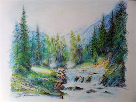 Drawing Colored Pencils Landscape Mountains River Etsy