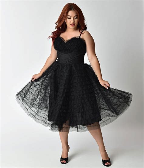 Unique Vintage Plus Size 1950s Black Ruffled Tulle Sweetheart Cupcake Swing Dress Dresses