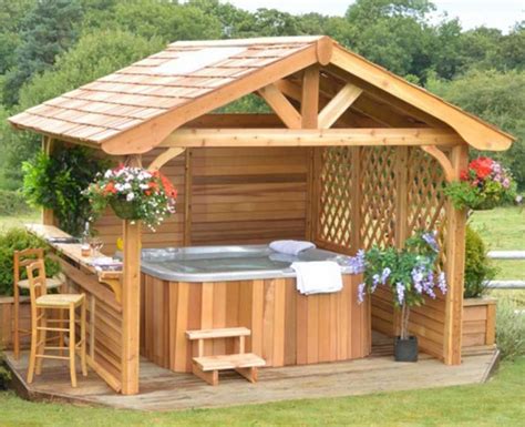 Wooden Gazebo For Hot Tub With Seating In The Garden For The Kitchen