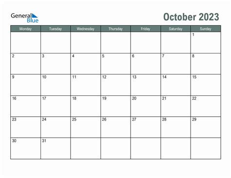 Blank October 2023 Monthly Calendar Template