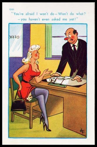 Vintage 1950s Signed Jf Comic Risqué Postcard Suspenders Job Interview Theme Risqué Humour