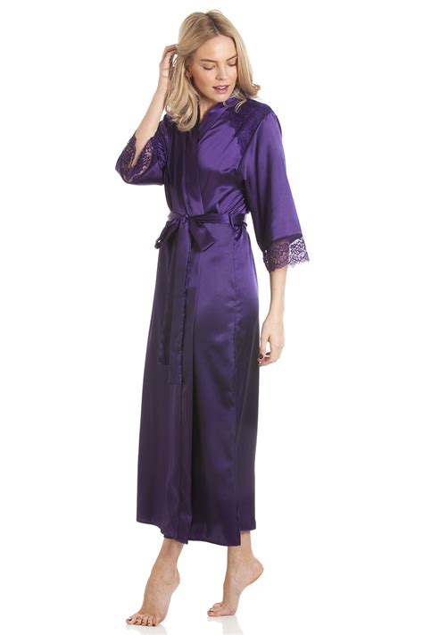 Womens Lady Olga Robe Satin Long Laced Dressing Gown Kimono Nightwear Ebay