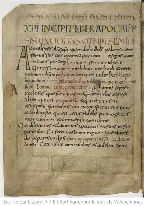 9th cent manuscript first page of the apocalysesular style apocalypse bnf manuscrit
