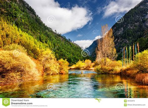 View Of Mirror River With Crystal Clear Water Among Mountains Stock