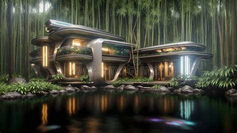 Illustration Of A Sci Fi Futuristic Cyberpunk House In The Bamboo