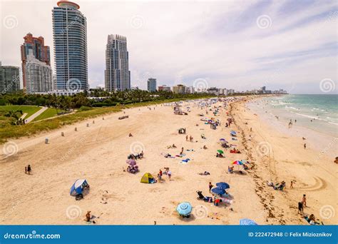 Crowded Beach Miami Aerial Photo Summer Vacation Editorial Stock Photo