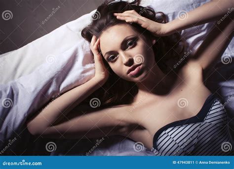 Beautiful Brunette Woman Portrait On Bed Home Stock Image Image Of