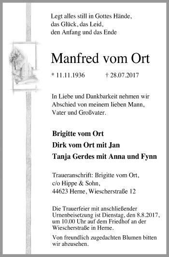 0 23 23 / 14 90 80 telefax: Traueranzeigen von Manfred vom Ort | trauer.lokalkompass.de