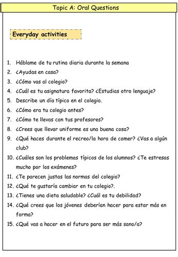 Gcse Cie Spanish Oral Questions All Topics Teaching Resources