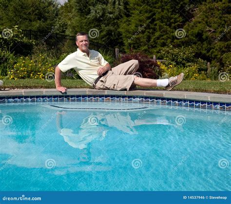 Senior Male By Pool Stock Photo Image Of Backyard Recreation 14537946