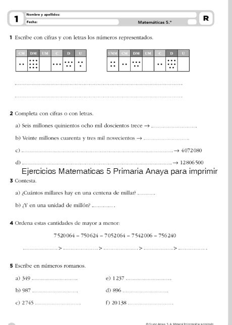 Anaya Matemáticas 5 Primaria Descargar Ejercicios Para Imprimir