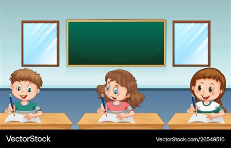 Three Pupils Writing In Classroom Royalty Free Vector Image