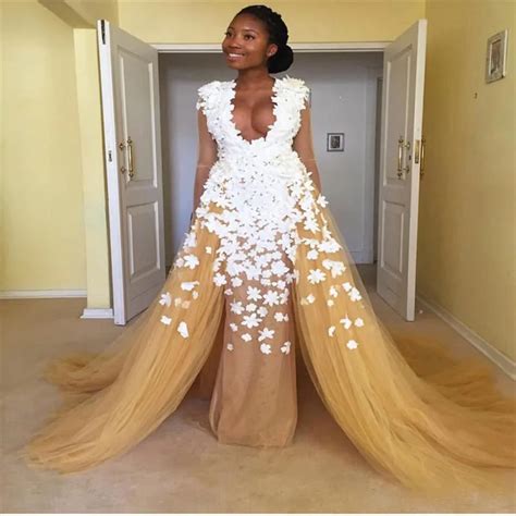 Champagne Color Straight Long African Evening Dresses With 3d Flower