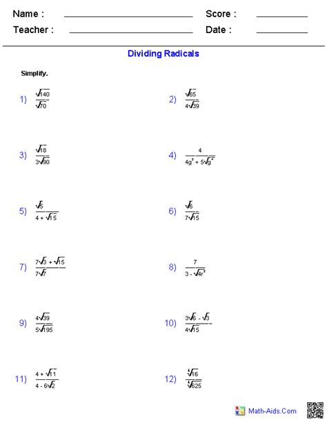 Operations With Radical Expressions Worksheet