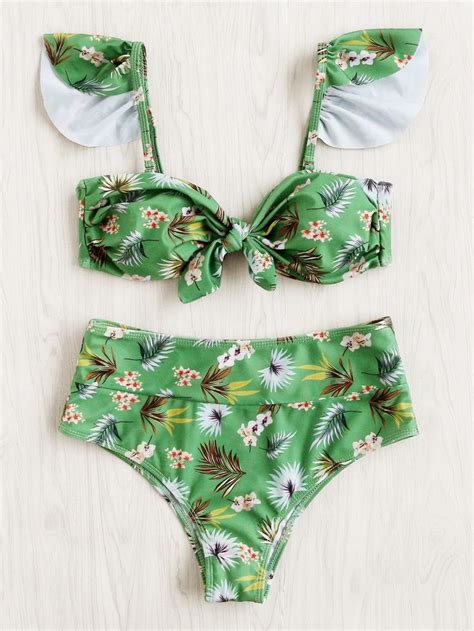 Green Floral Print Front Bow Tie High Waist Bikini Set Bikinis