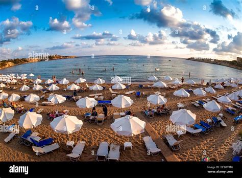 Rows Of Beach Lounges And Sun Umbrellas On A Coral Bay Beach Near Peyia