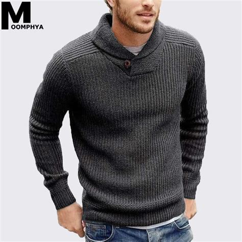 Moomphya Cowl Neck Knitted Men Sweater Pullover Men Long Sleeve Winter