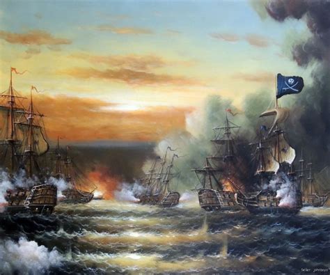 Caribbean Sea Pirate Ship Cannon Naval Battle Art Oil Painting On