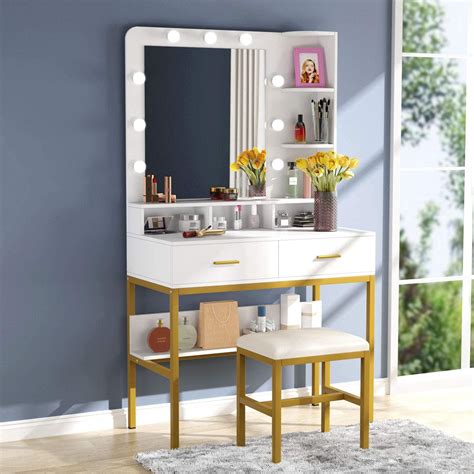 Mirrored vanity table, desk in a champagne finish. Tribesigns Makeup Vanity Dressing Table with 9 Lights ...
