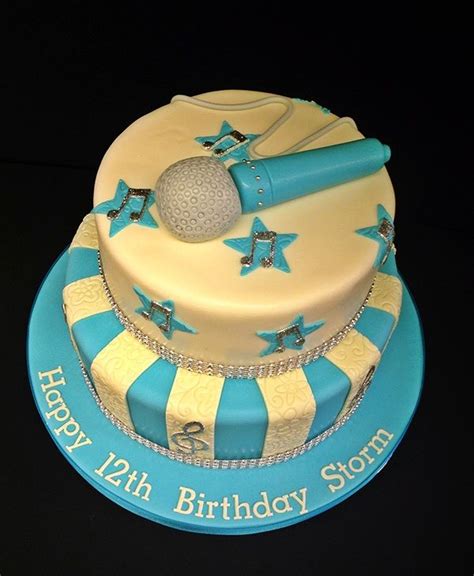 Music And Karaoke Themed Cake With Sparkly Musical Notes And Microphone