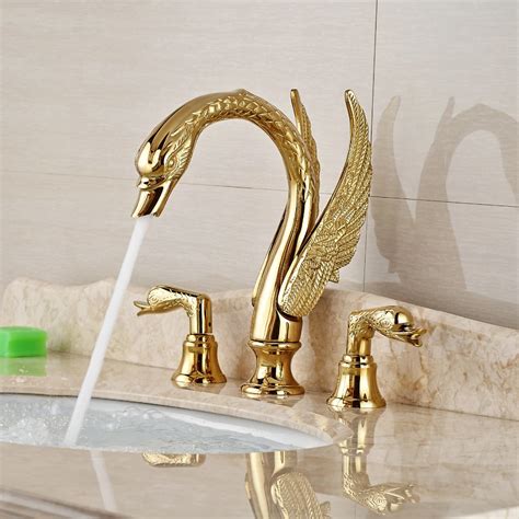 Luxury Bathroom Faucet Brass Gold Finish Golden Swan Shape Basin Tap Dual Handle Deck Mount