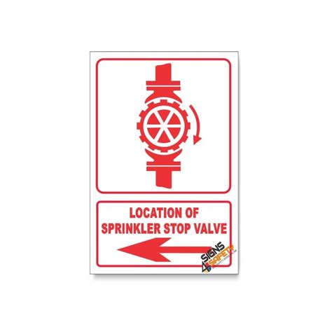 Engraved traffolyte sign, red background with white text. Nosa / SABS Sprinkler Stop Valve, Arrow Left, Descriptive ...